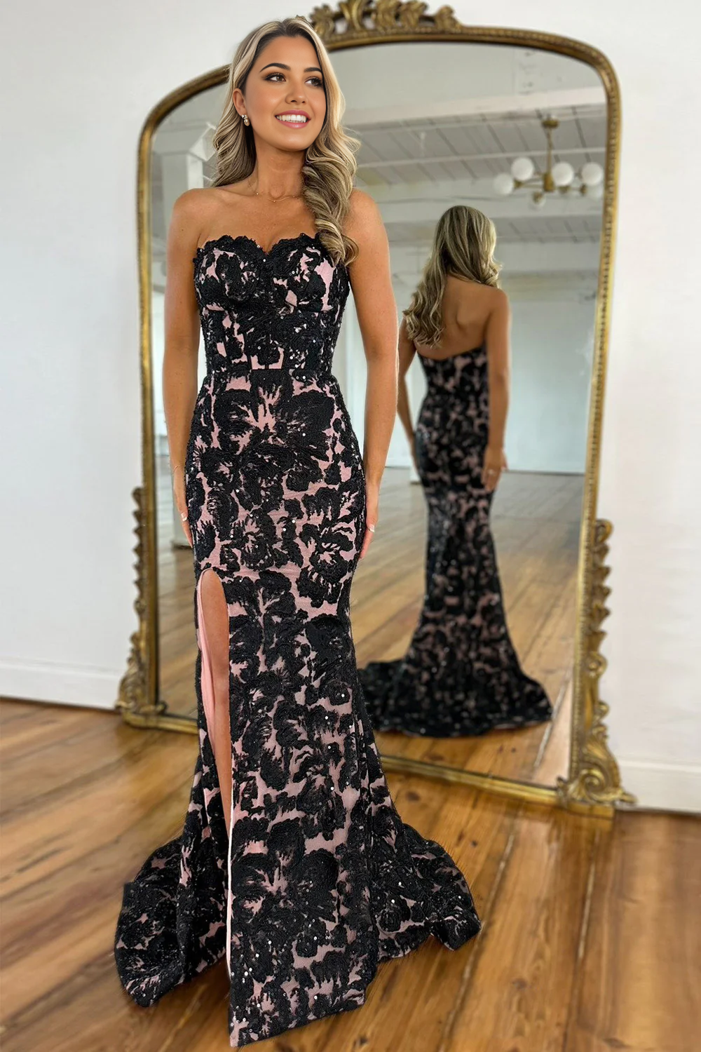 Mermaid Sweetheart Appliques Long Black formal dresses evening dress Prom Dress with and Slit